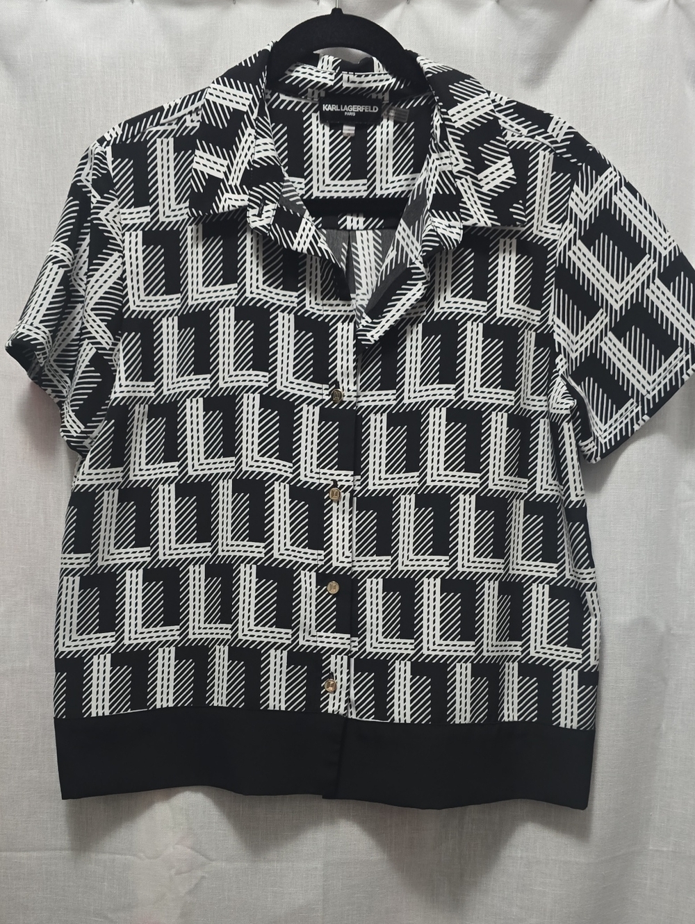 Karl Lagerfeld Black and White Geometric Camp Collar Shirt
